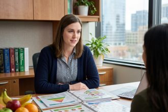 Jeune femme conseillant un client avec des graphiques nutritionnels