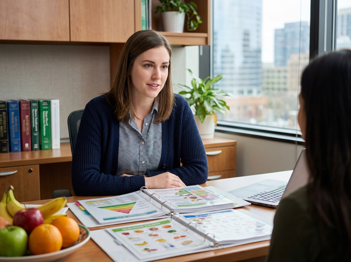 Jeune femme conseillant un client avec des graphiques nutritionnels