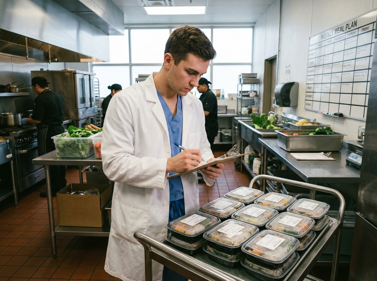 Homme en blouse blanche inspectant des plats sains en cuisine
