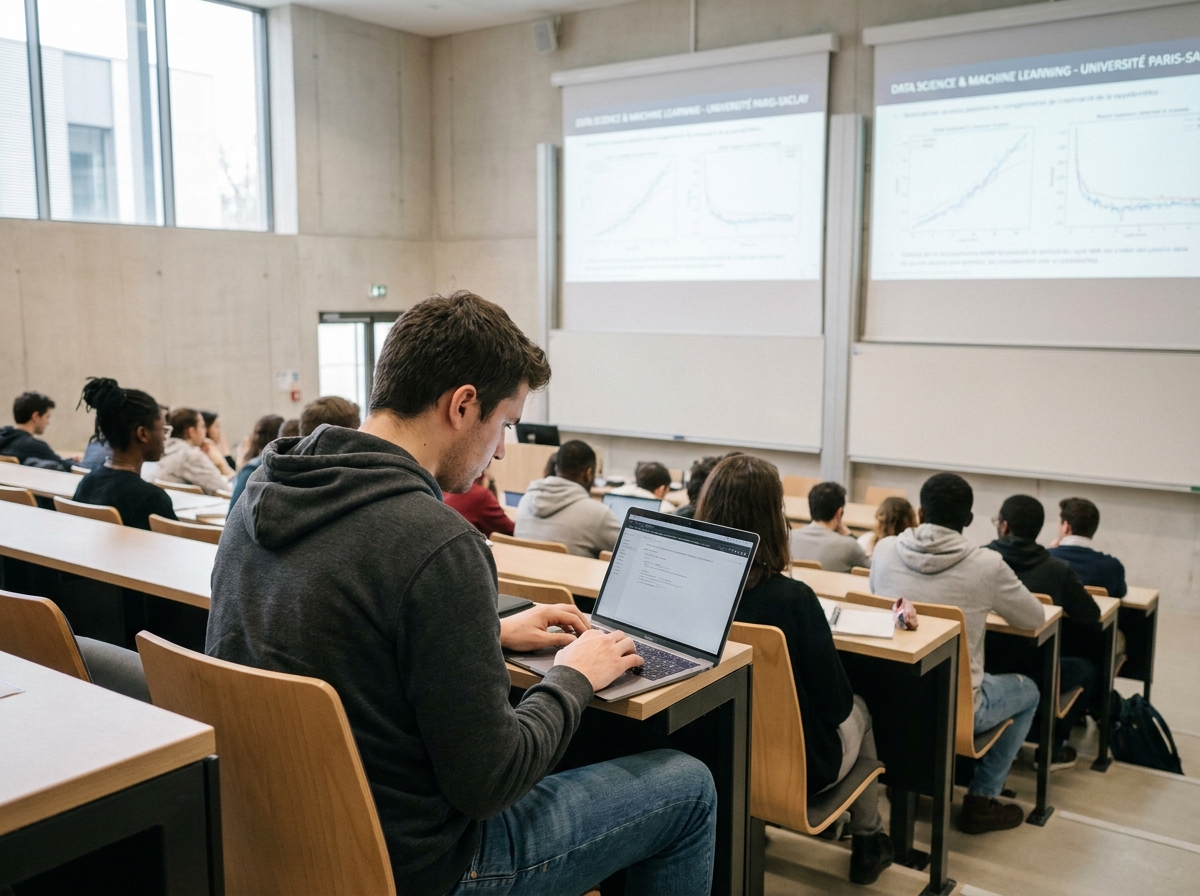 Étudiant en formation data et IA dans un amphithéâtre universitaire parisien, du BTS au mastère