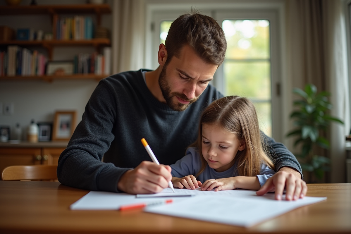 Jeune père aidant sa fille avec ses devoirs à la maison