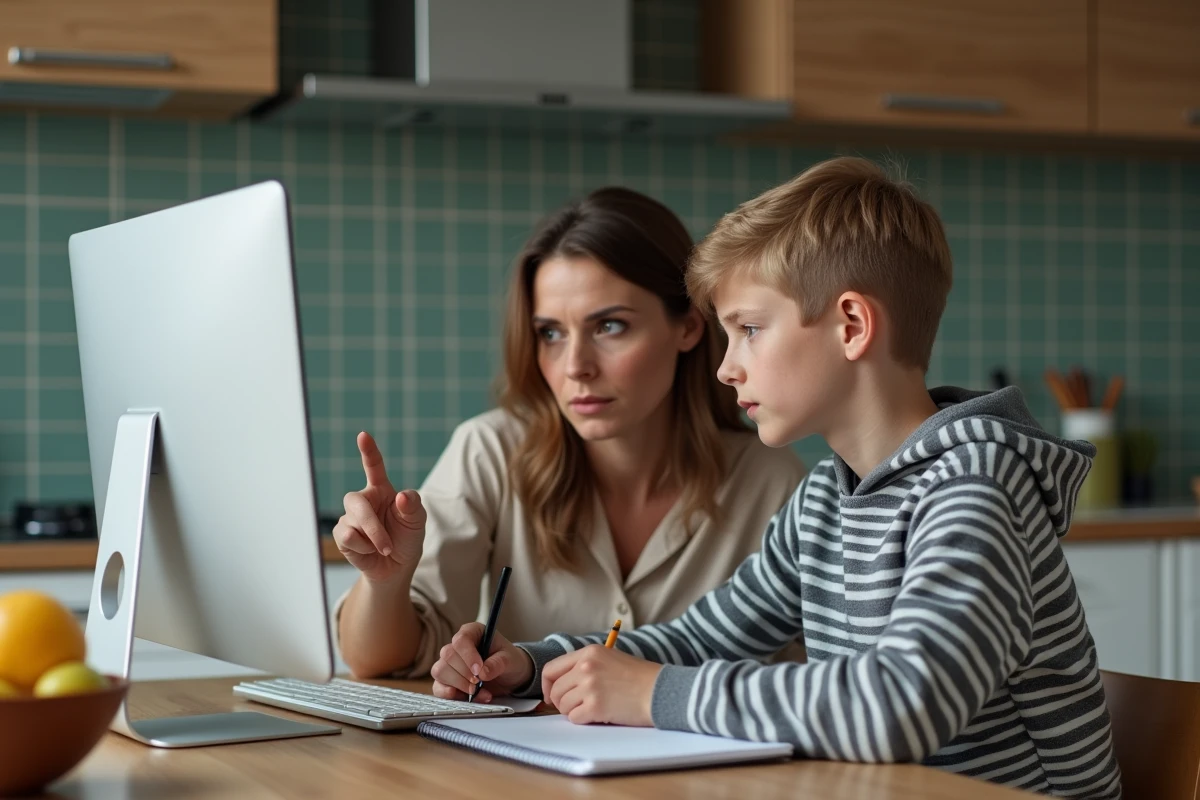 Mère et fils consultant ensemble les paramètres du compte ENT Le Havre Normandie à la maison avant la rentrée scolaire