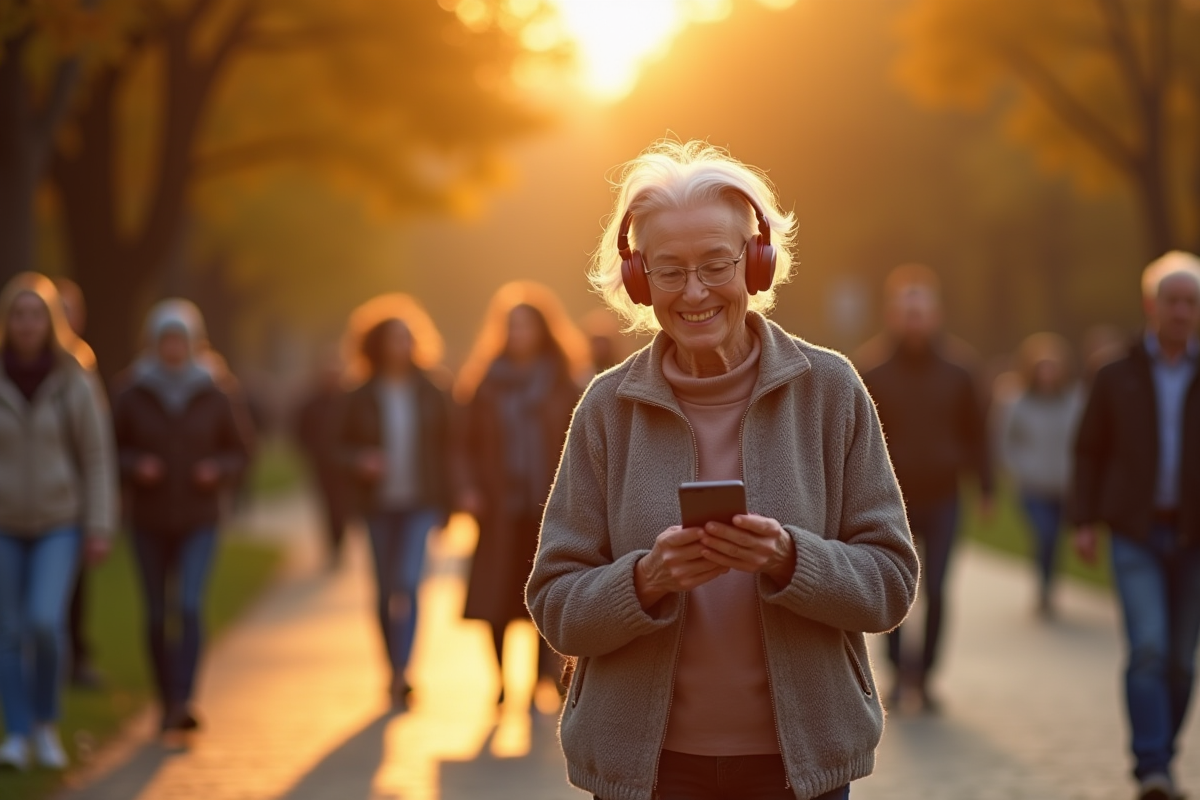 Personne agee dans un parc pratique une langue avec une app