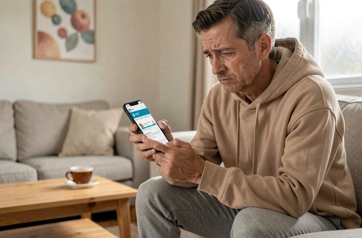 Personne atteinte de maladie longue durée consultant les démarches CPF sur smartphone depuis son domicile