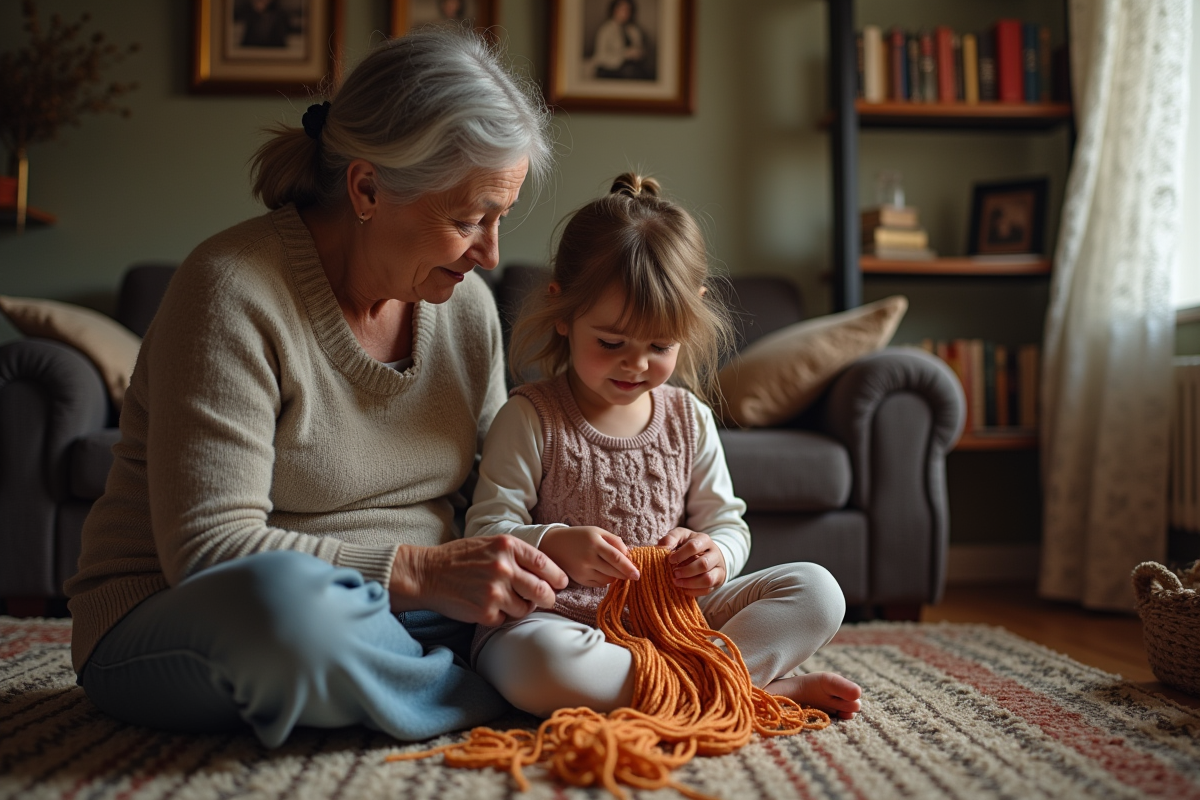 Petite fille apprenant à tricoter avec sa grand-mere