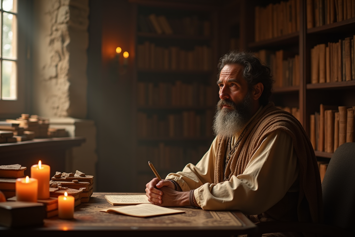 Philosophe dans une bibliothèque ancienne éclairée à la bougie