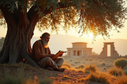 Philosophe ancien assis sous un olivier en méditation