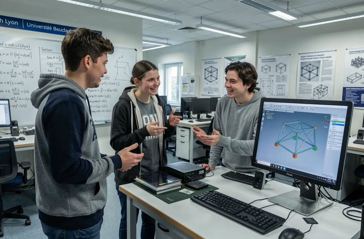 Étudiants de Polytech Lyon travaillant sur un logiciel de conception assistée par ordinateur dans un laboratoire informatique universitaire