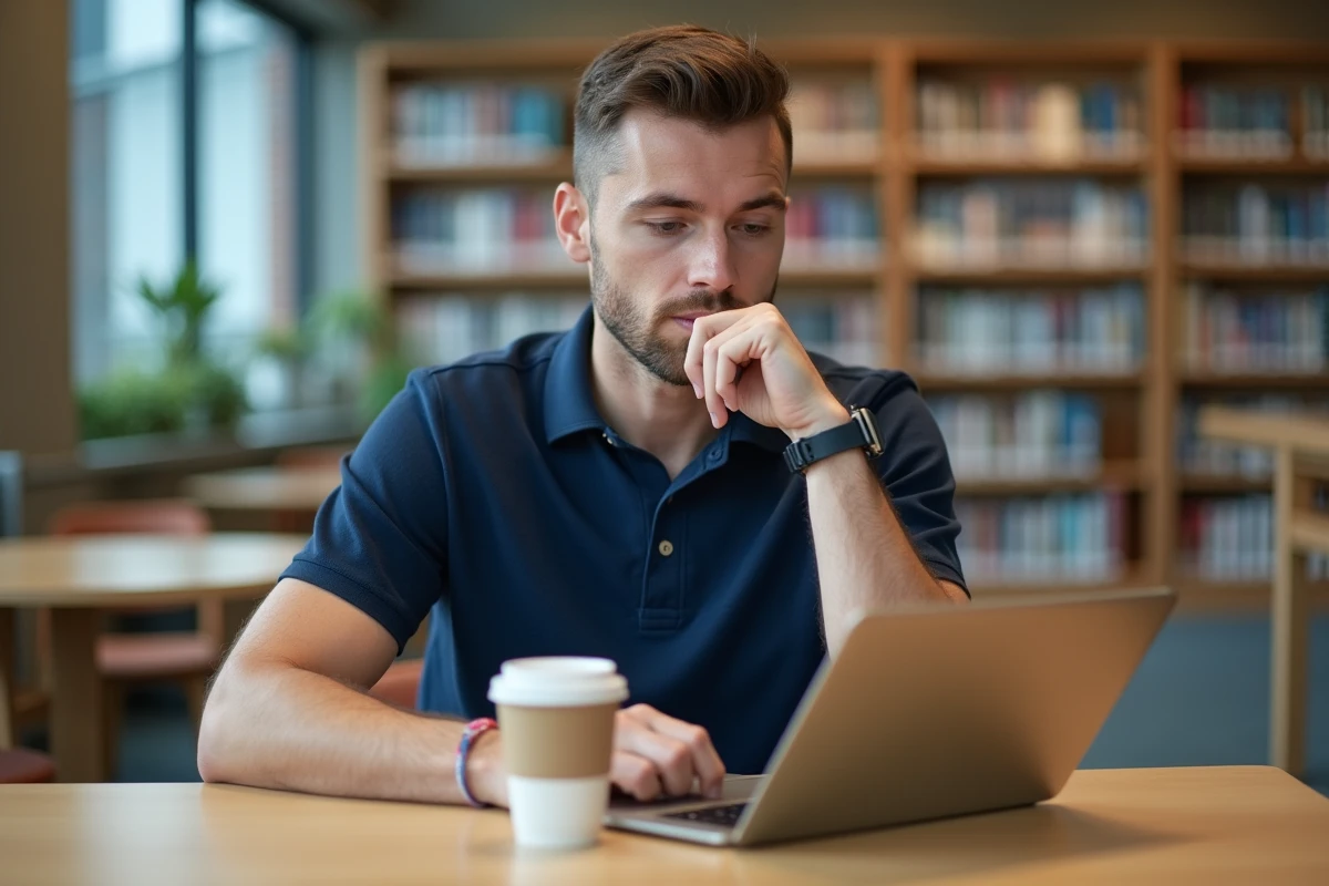 Homme adulte préparant l'examen du code de la route sur une tablette dans une bibliothèque moderne