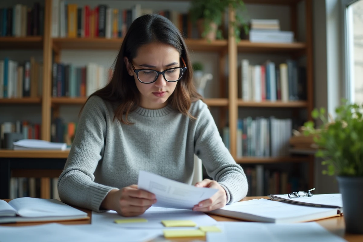 Jeune femme révisant des documents administratifs pour le concours Docs Solus à son bureau à domicile