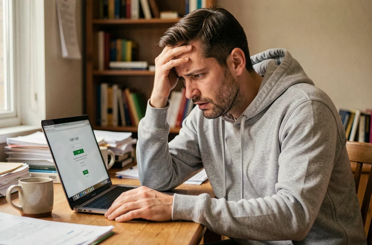 Homme frustré devant un écran d'erreur de connexion sur son ordinateur portable à son bureau à domicile