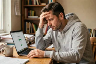 Homme frustré devant un écran d'erreur de connexion sur son ordinateur portable à son bureau à domicile