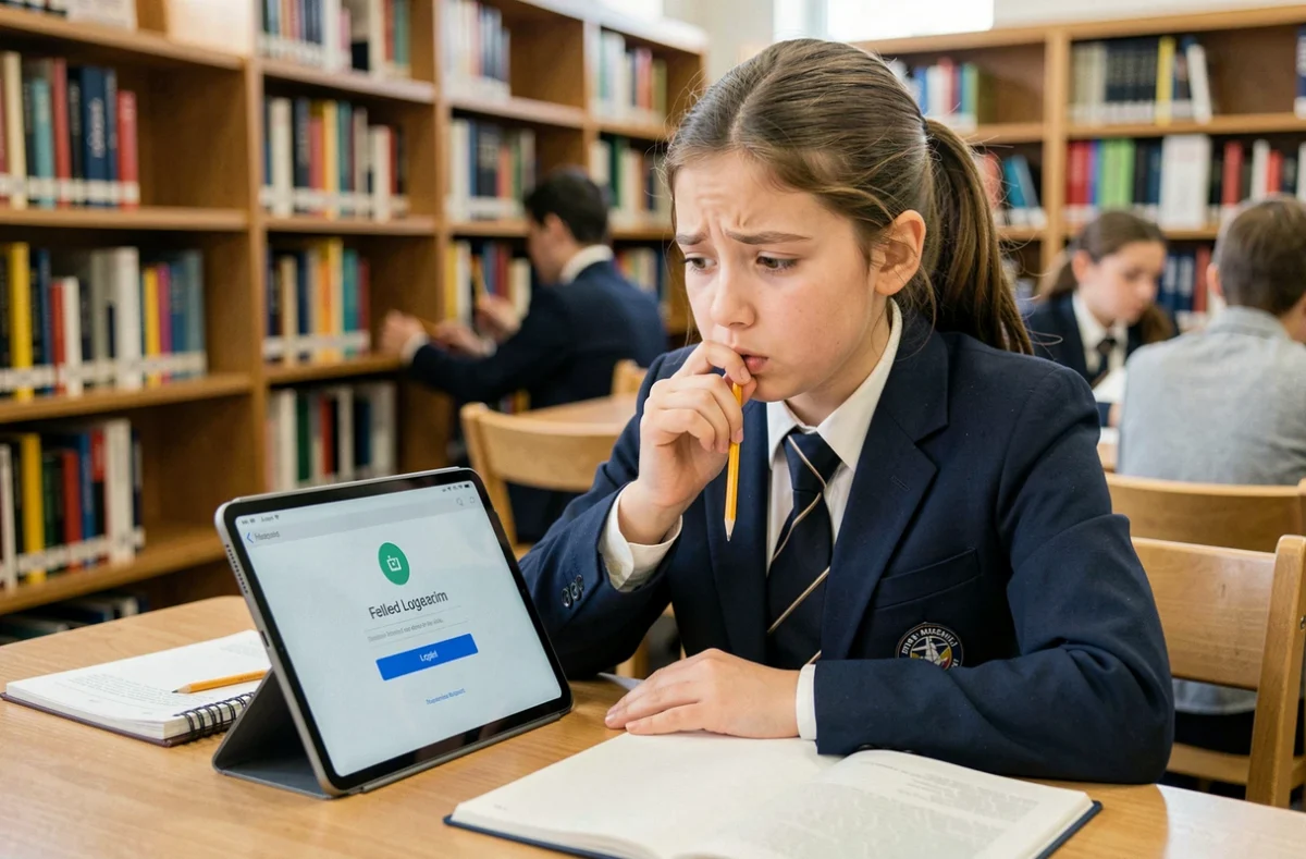 Lycéenne perplexe face à une erreur de connexion sur sa tablette dans une bibliothèque scolaire