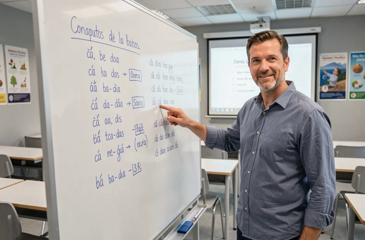 Professeur expliquant le tableau de conjugaison du conditionnel présent espagnol devant un tableau blanc en salle de classe