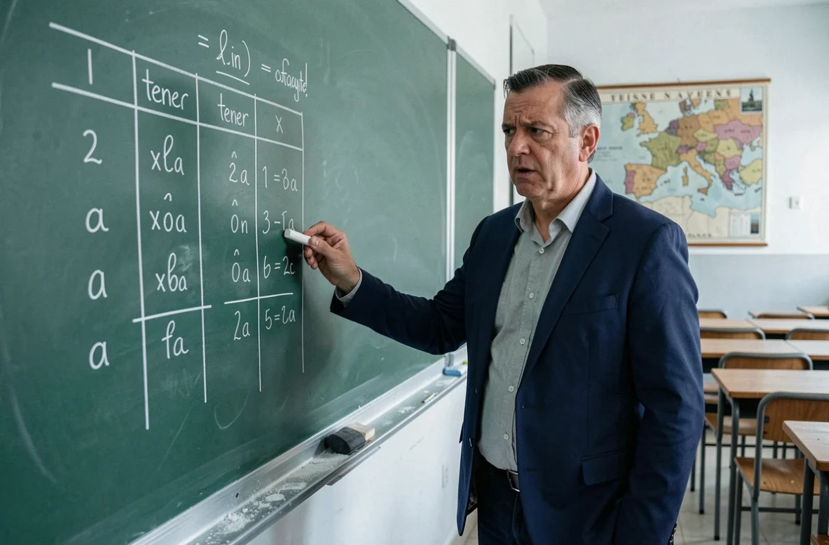 Professeur d'espagnol expliquant la conjugaison irrégulière du passé simple du verbe tener au tableau noir dans une salle de classe universitaire