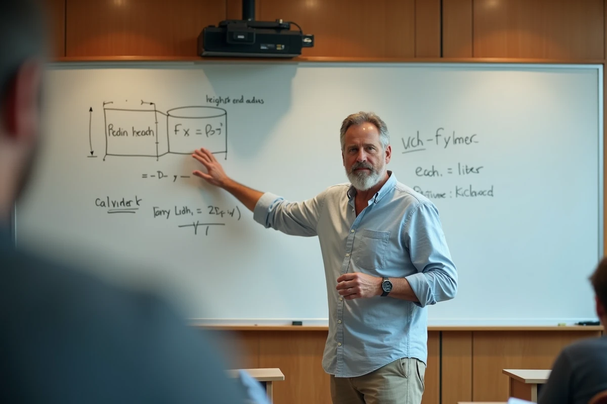Professeur de mathématiques expliquant le calcul du volume d'un cylindre en litres au tableau