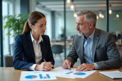 Deux professionnels en réunion avec documents sur OPCA et OPCO
