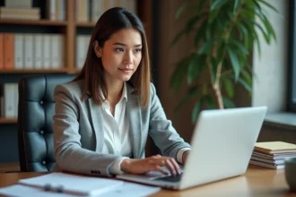 Femme cherchant un ancien message dans sa boîte mail académique sur un ordinateur portable dans un bureau universitaire
