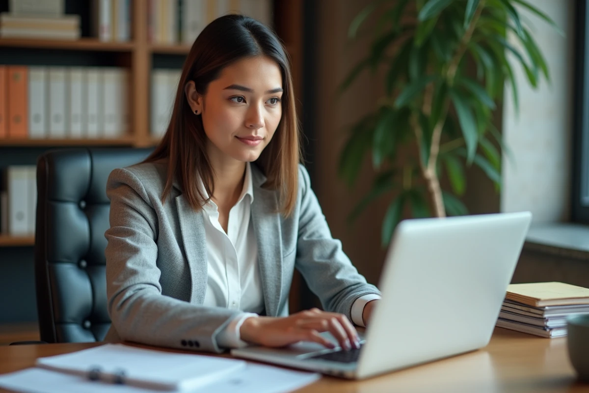 Femme cherchant un ancien message dans sa boîte mail académique sur un ordinateur portable dans un bureau universitaire