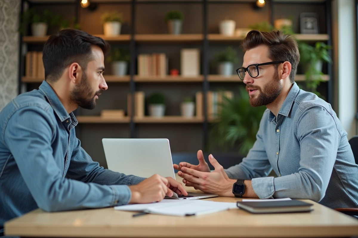 Homme en discussion avec un coach dans un espace coworking