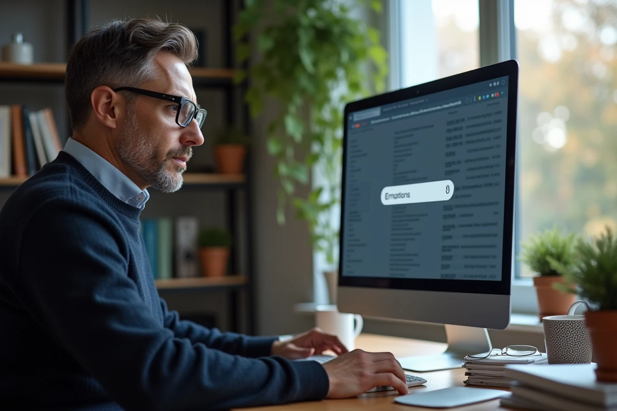 Homme recherchant un ancien courriel dans une interface webmail sur un ordinateur de bureau à domicile