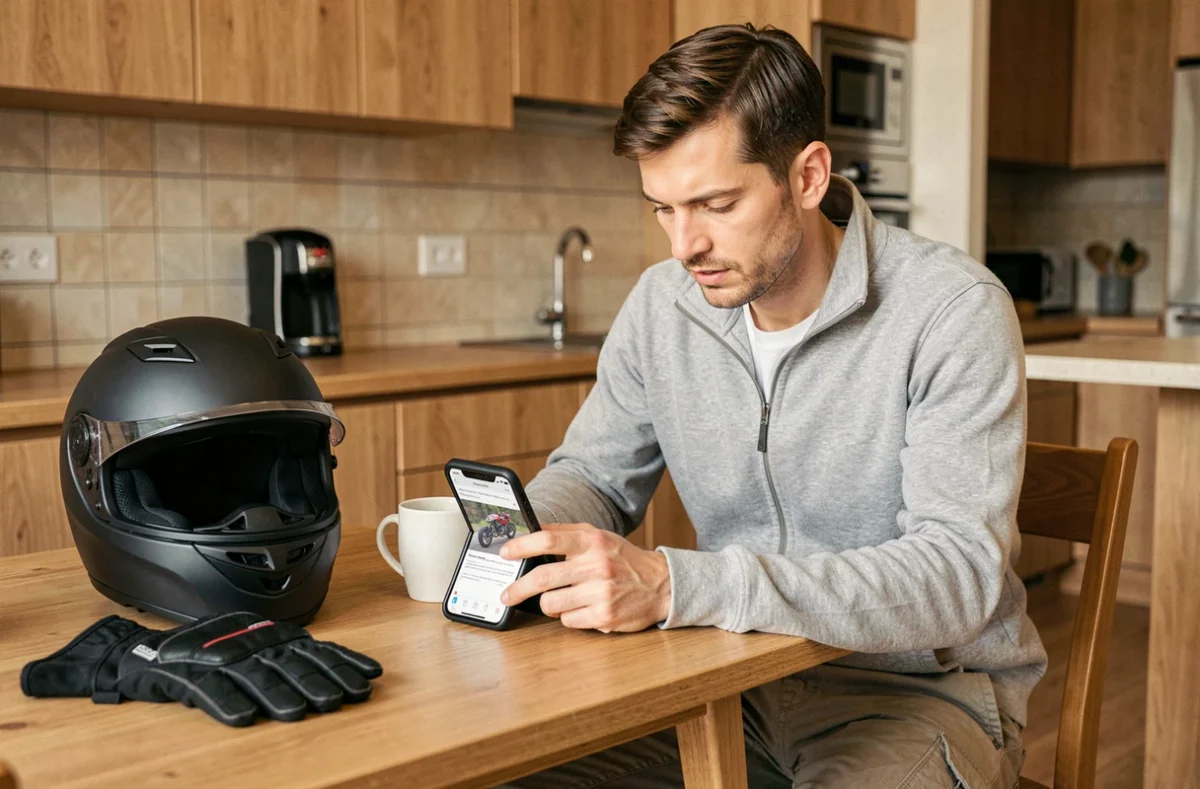Homme révisant le code de la route moto sur mobile à la maison avec casque et gants posés sur la table
