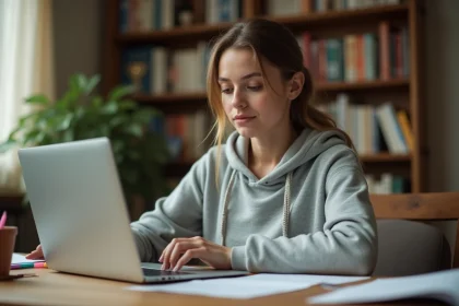 Jeune femme révisant le code de la route en ligne sur un ordinateur portable à son bureau à domicile