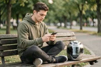Jeune homme révisant le code de la route moto sur smartphone dans un parc, casque posé à côté de lui