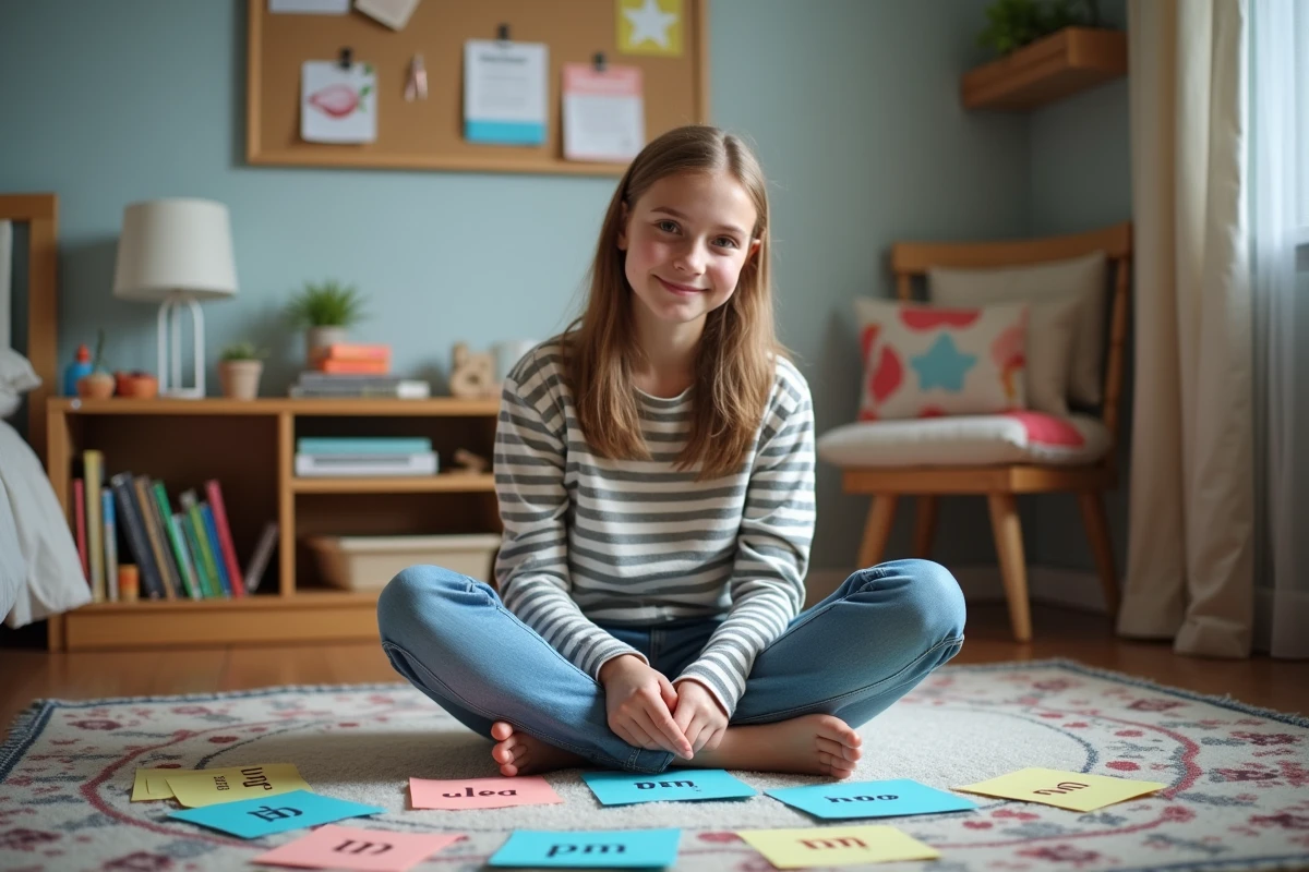 Adolescente révisant le vocabulaire des heures en anglais avec des flashcards AM PM dispersées sur le sol de sa chambre