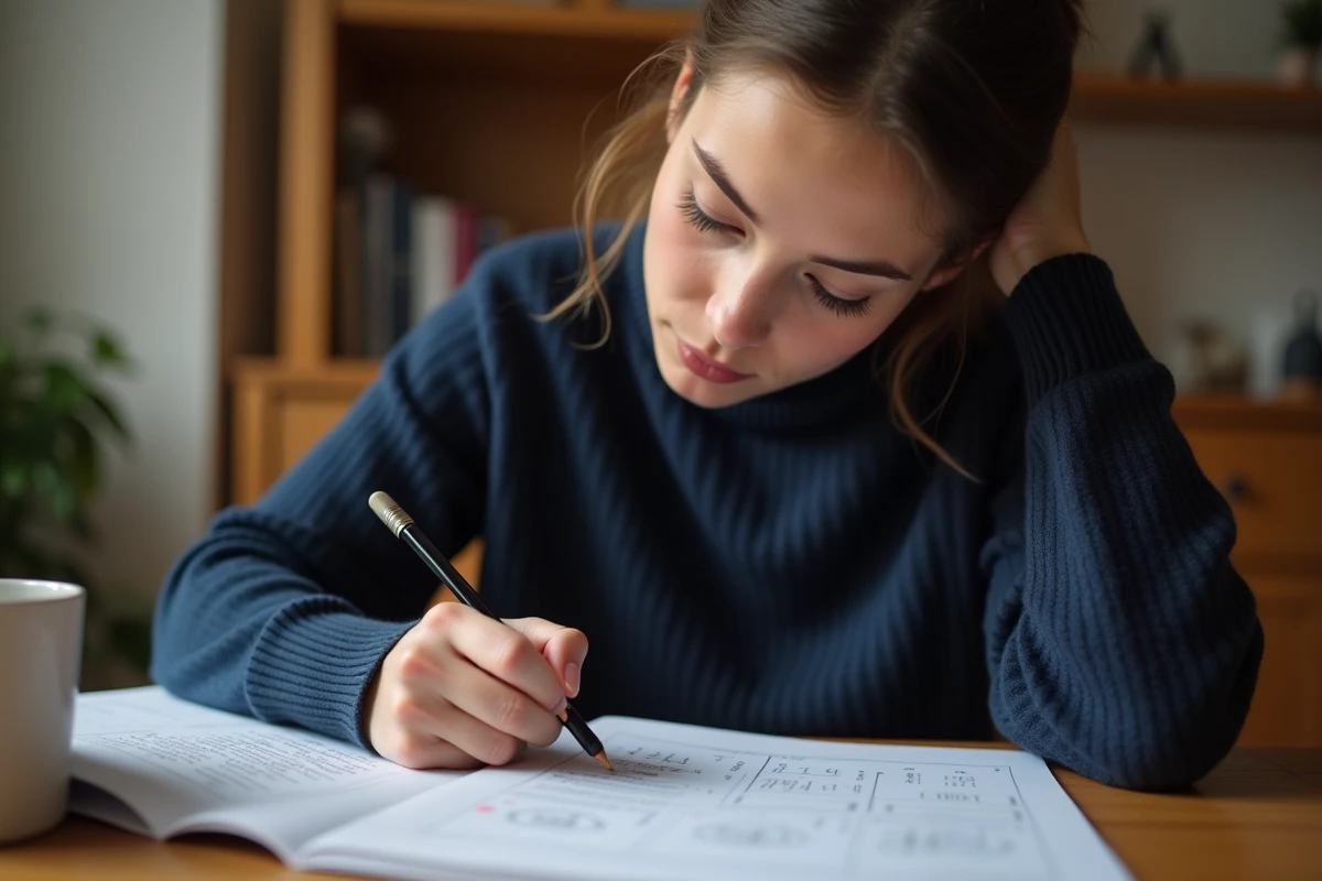 Jeune femme révisant des questions de permis de conduire sur papier à son bureau