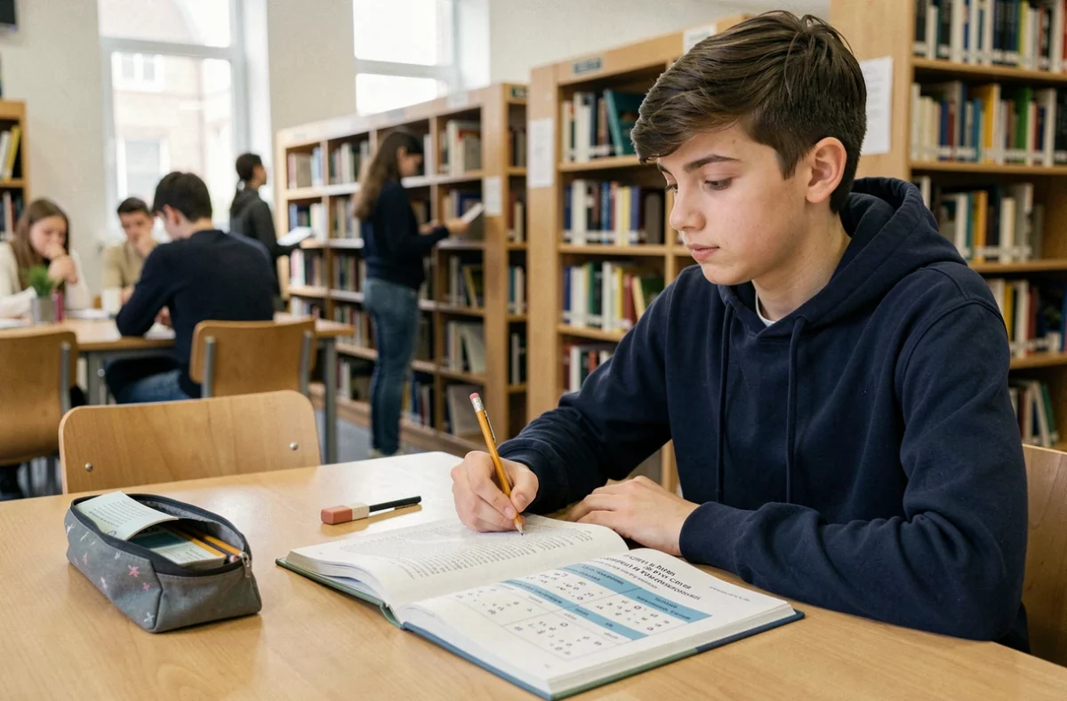 Adolescent révisant les conjugaisons des verbes du troisième groupe en IR dans un manuel de grammaire française à la bibliothèque