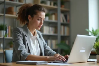 Femme sécurisant son compte Cyclades sur un ordinateur portable dans un bureau à domicile