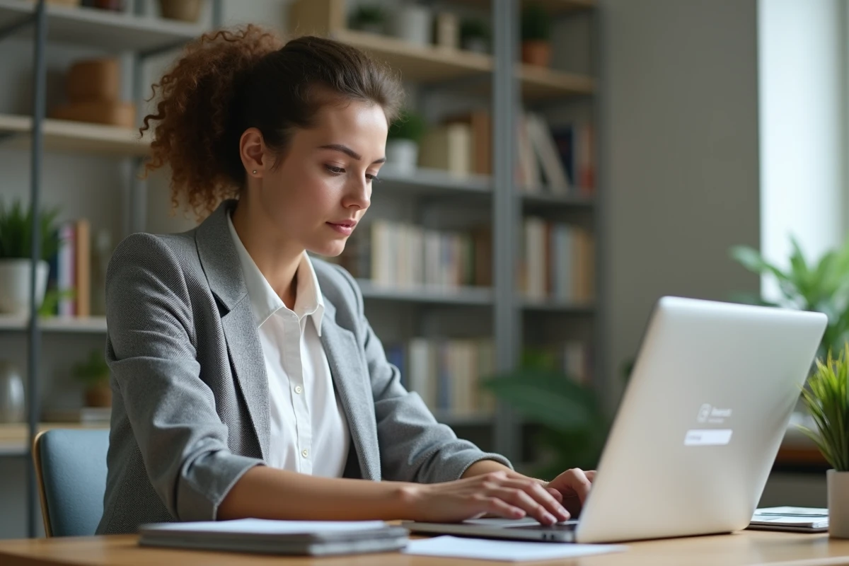 Femme sécurisant son compte Cyclades sur un ordinateur portable dans un bureau à domicile