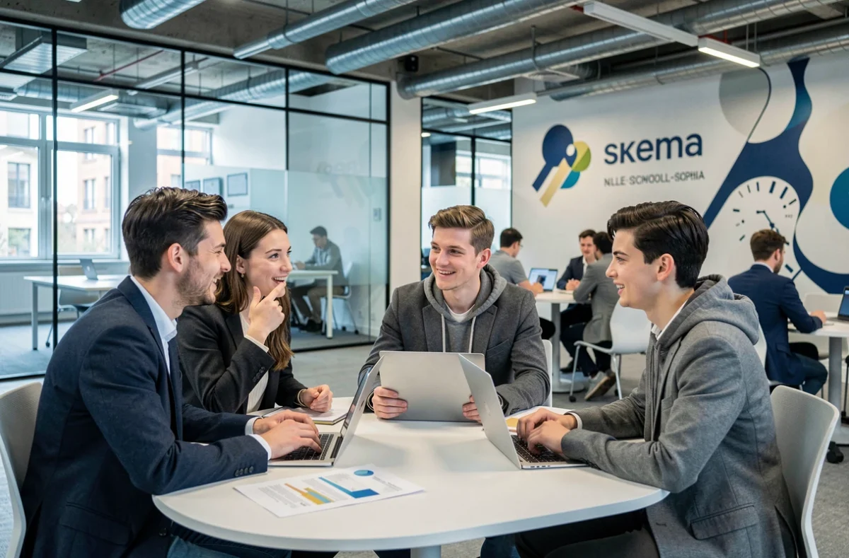 Espace collaboratif de SKEMA Business School avec des étudiants travaillant en groupe