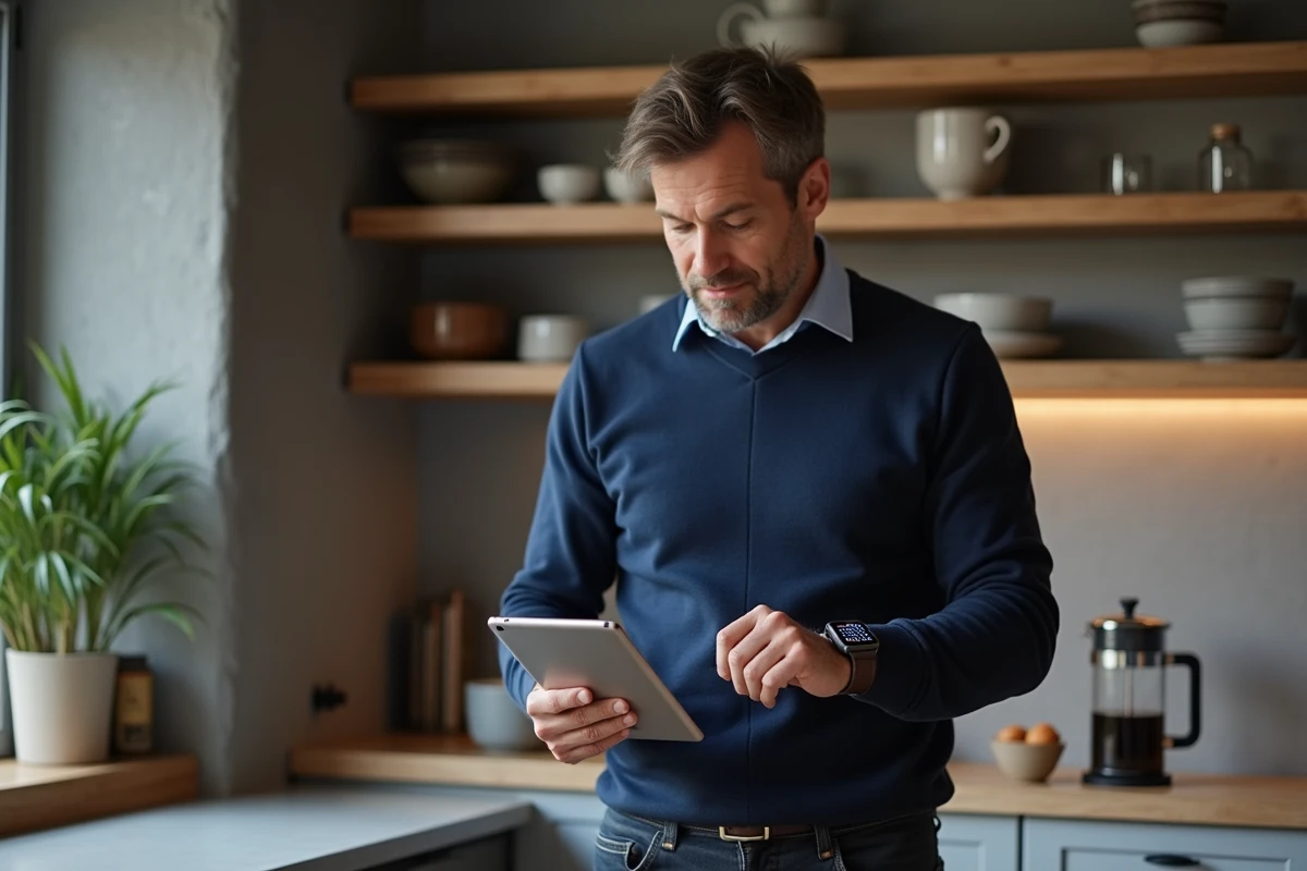 Homme consultant une application de synchronisation d'agenda melouvert sur tablette et montre connectée dans une cuisine moderne