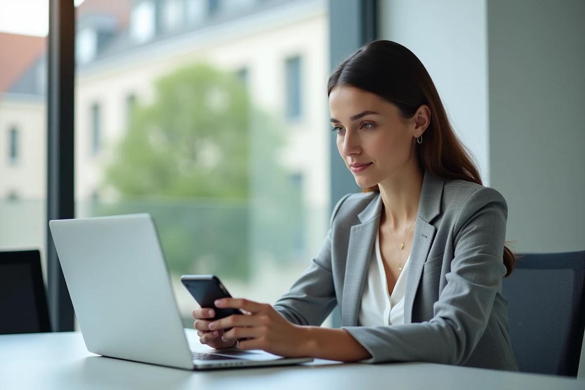 Femme professionnelle synchronisant l'application melouvert Orléans Tours sur laptop et smartphone au bureau