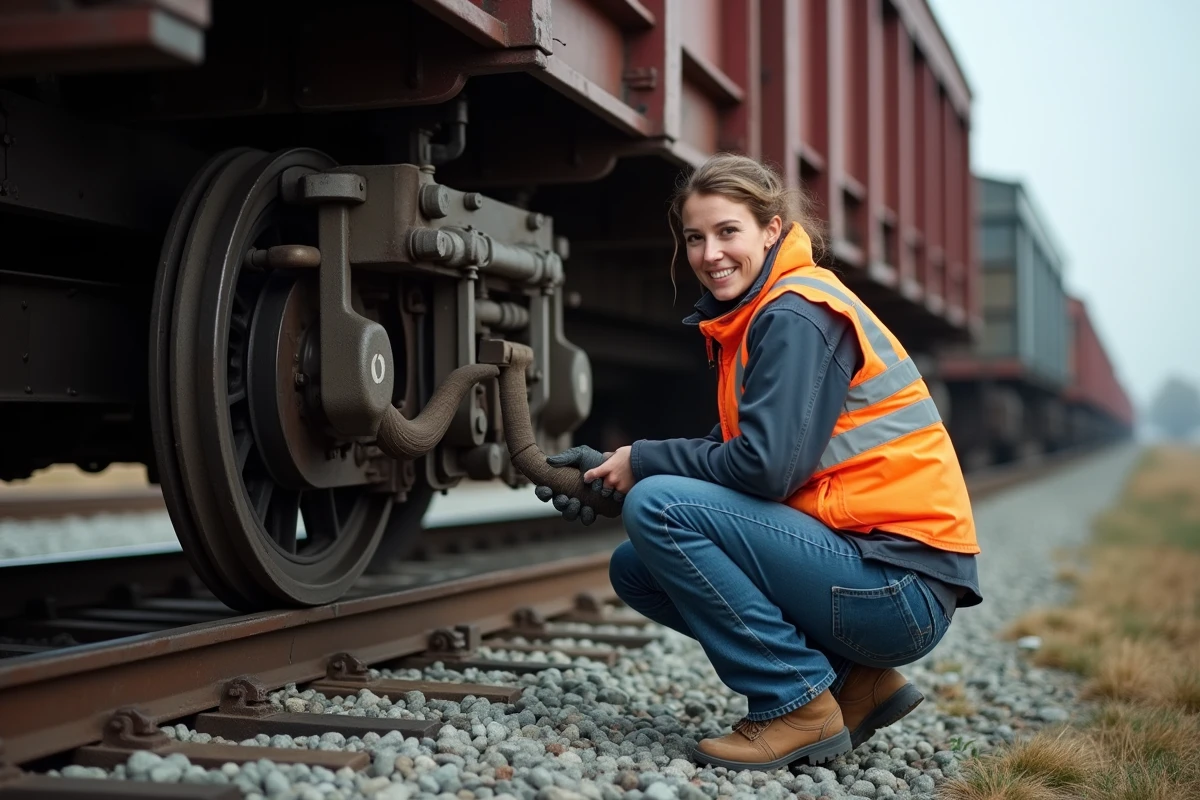 Technicien inspectant le frein d’un wagon en extérieur