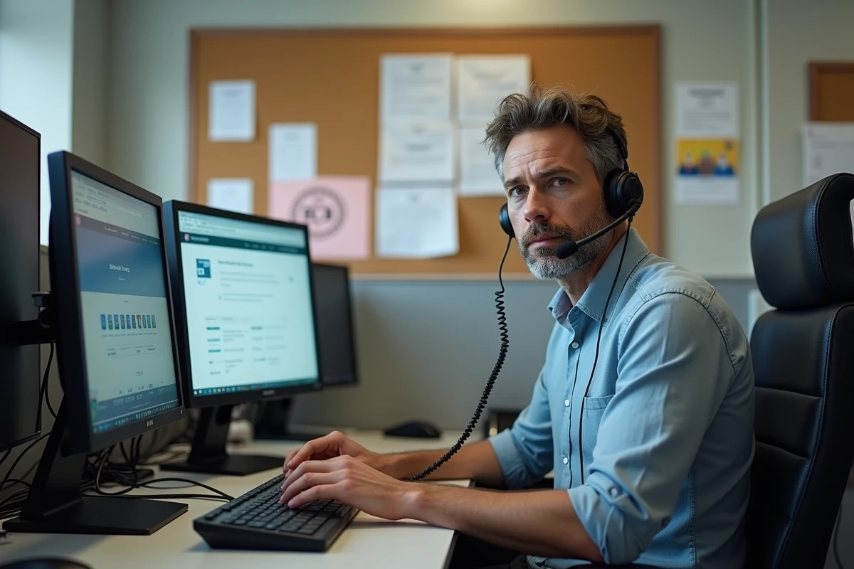 Technicien informatique du support universitaire aidant à résoudre les problèmes de connexion à l'ENT de Nanterre depuis son bureau
