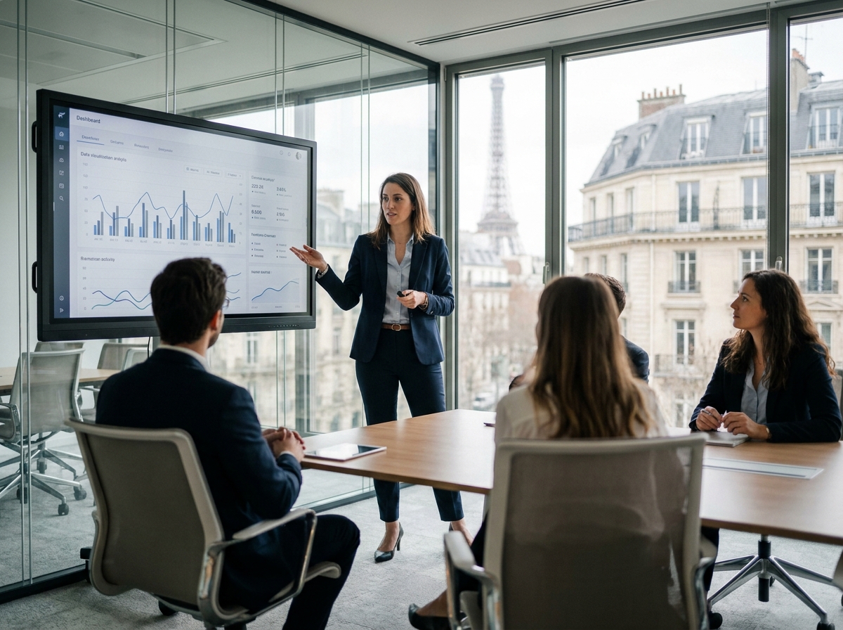 Experte en data et IA présentant des résultats d'analyse face à des recruteurs en Île-de-France