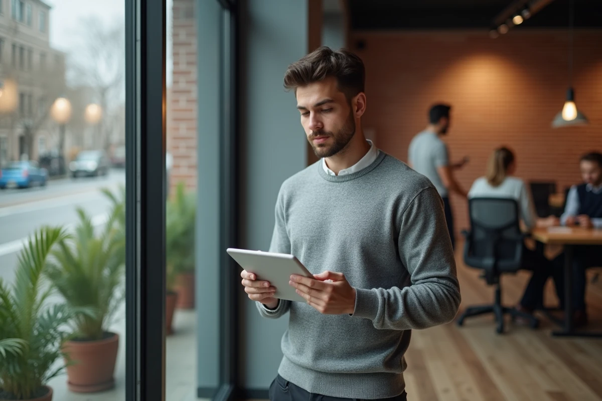 Homme consultant un test d'orientation professionnelle sur tablette dans un espace de coworking moderne