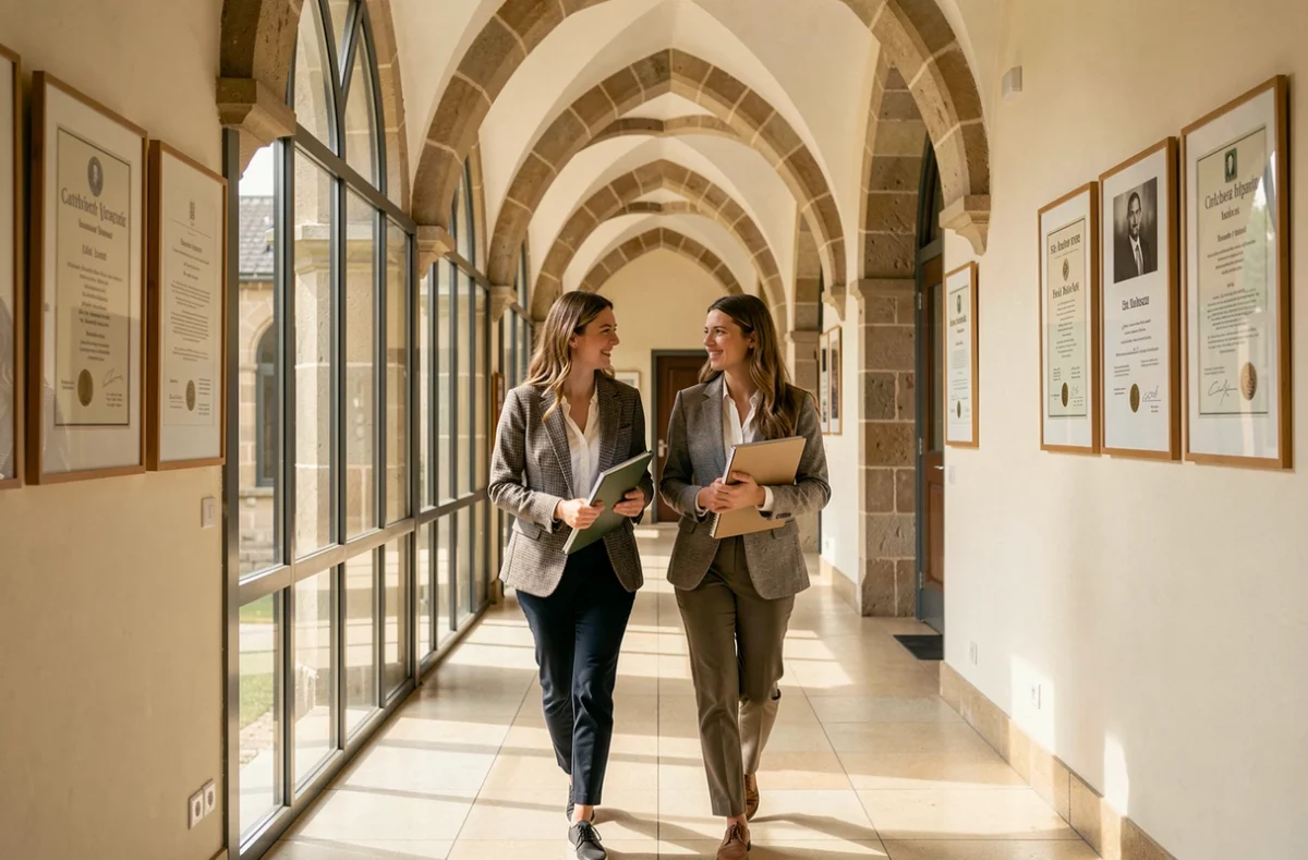 Étudiantes marchant dans les couloirs de l'Université Catholique de Lille FGES
