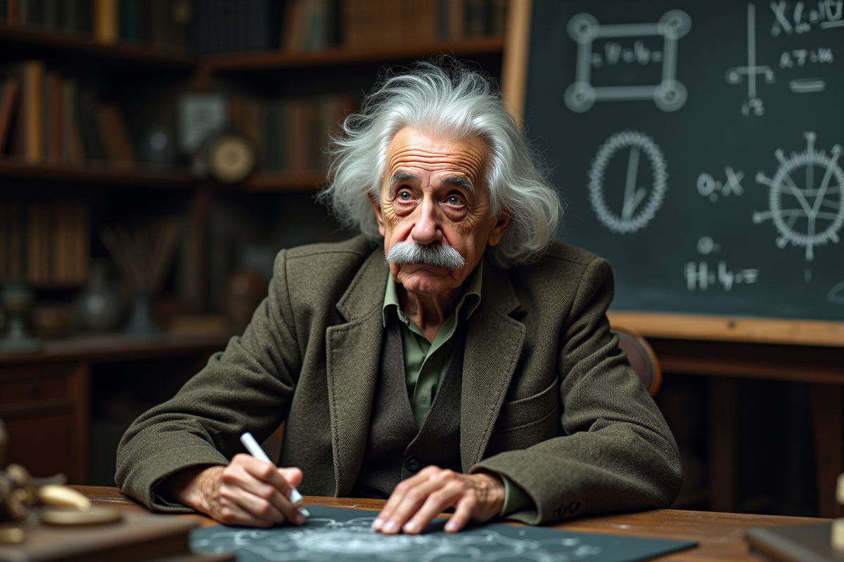 Vieil homme ressemblant à Einstein devant un tableau noir